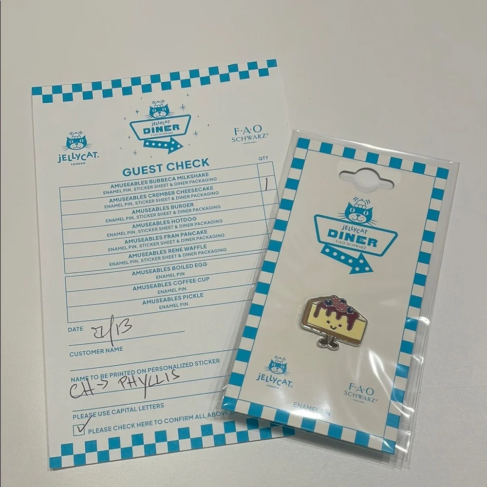 NWT Jellycat Diner x FAO schwarz cheesecake Enamel Pin and guest check
